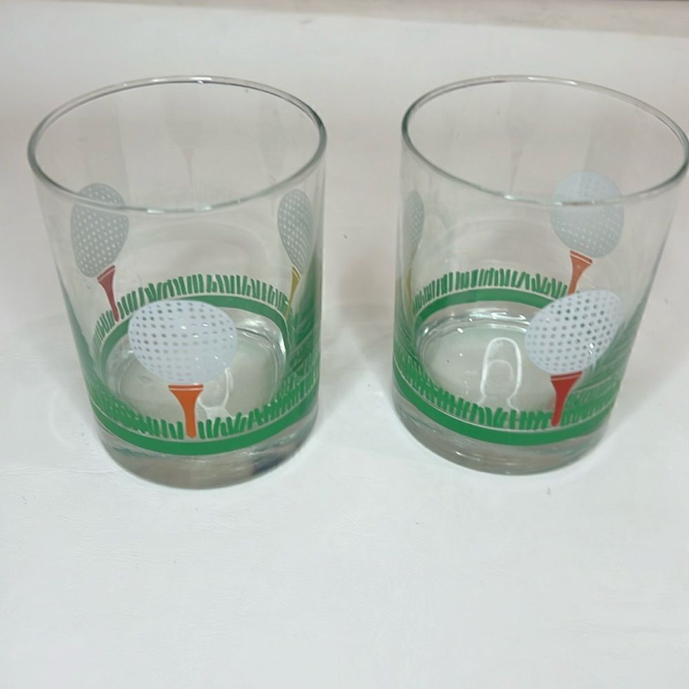 19th Hole Golf On The Rocks Glasses 3 1/4 In Round 12 Oz Set 2 Balls Green Tee